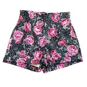 Stretch Bootie Black Lace & Pink Rose Print Shorts​​​​